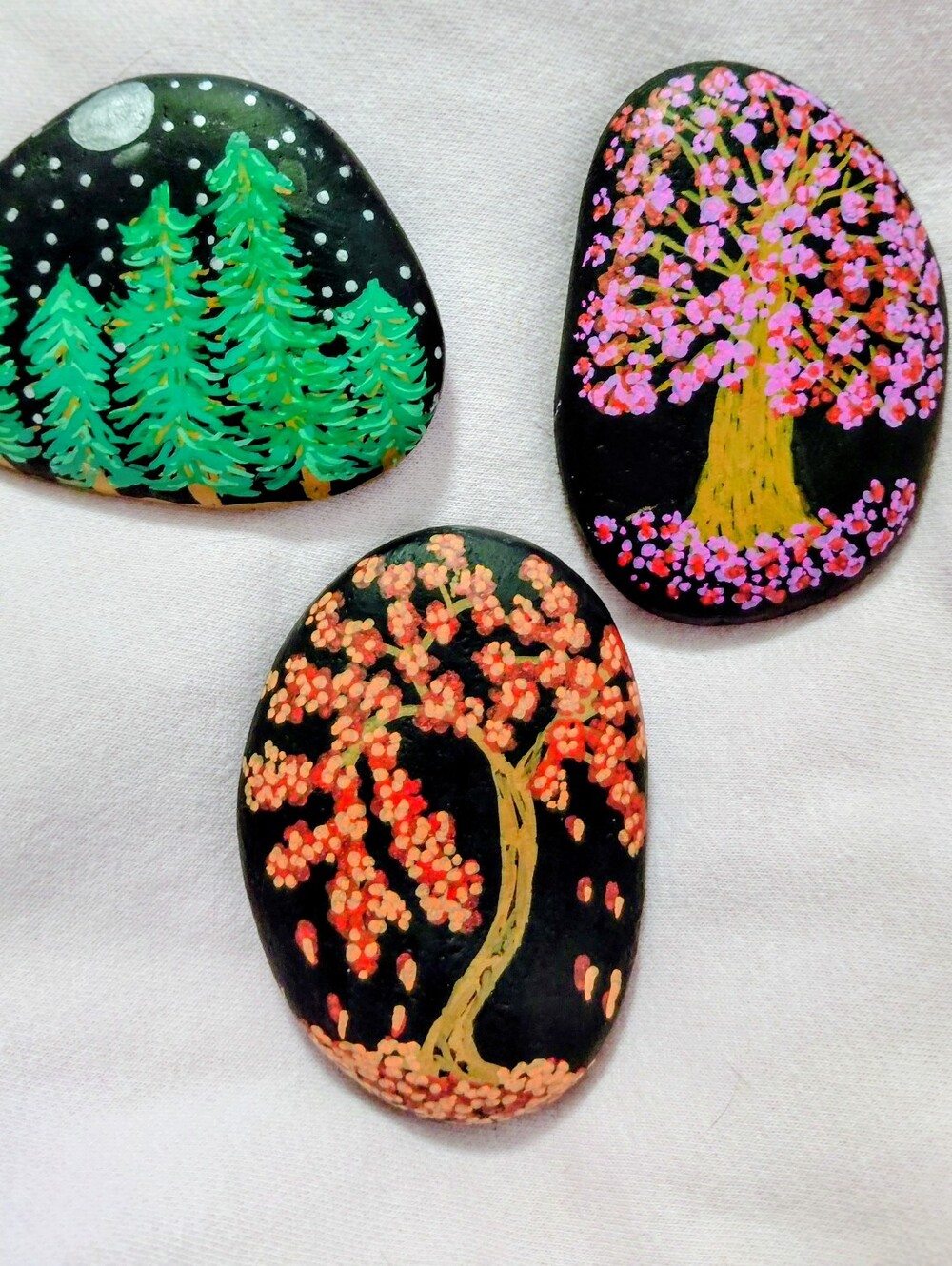3 Handpainted And Sealed Rocks With Trees Aprox 3.5x2.5"